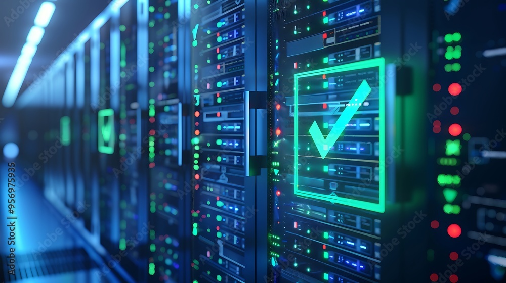 Modern data center with server racks, illuminated by green and blue lights, indicating efficient and secure data processing. Technology concept. Modern data center with server racks, illuminated by green and blue lights, indicating efficient and secure data processing. Technology concept.