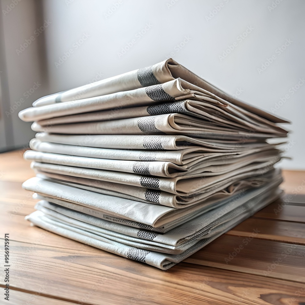 A neat stack of beige fabric napkins with a black and white checkered trim. ready for use. A neat stack of beige fabric napkins with a black and white checkered trim. ready for use.