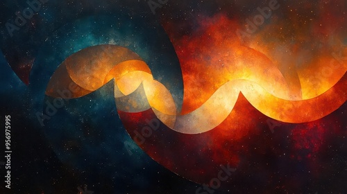 cosmic abstraction swirling nebula hues geometric shapes metallic accents dark space background photo