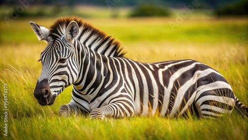 A serene black and white zebra lies down on the savannah grass, its striped legs curled up, eyes closed, and peaceful in slumber. photo