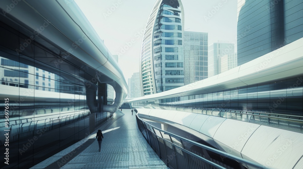 Obraz premium A sleek, futuristic city walkway stretches between towering buildings, blending modern architecture with cutting-edge design principles.