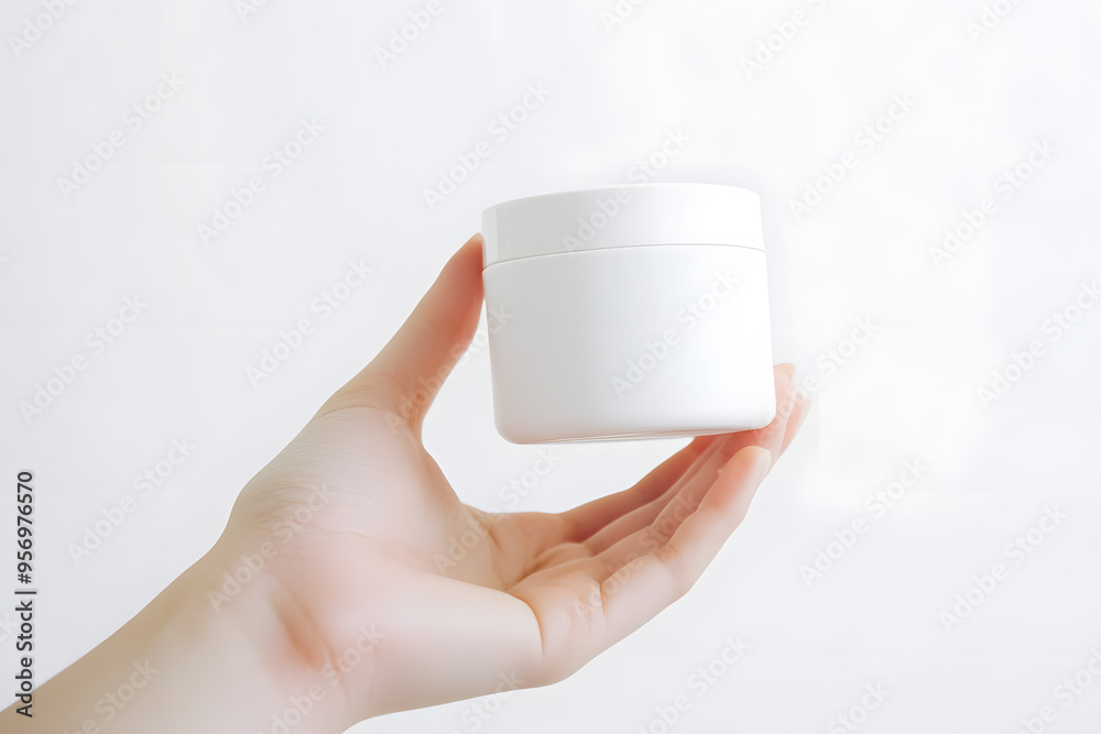 Close-up Female hand holding white mockup glass jar of face cream isolated on white background. Beauty products, skin care, nutrition and hydration concept Close-up Female hand holding white mockup glass jar of face cream isolated on white background. Beauty products, skin care, nutrition and hydration concept