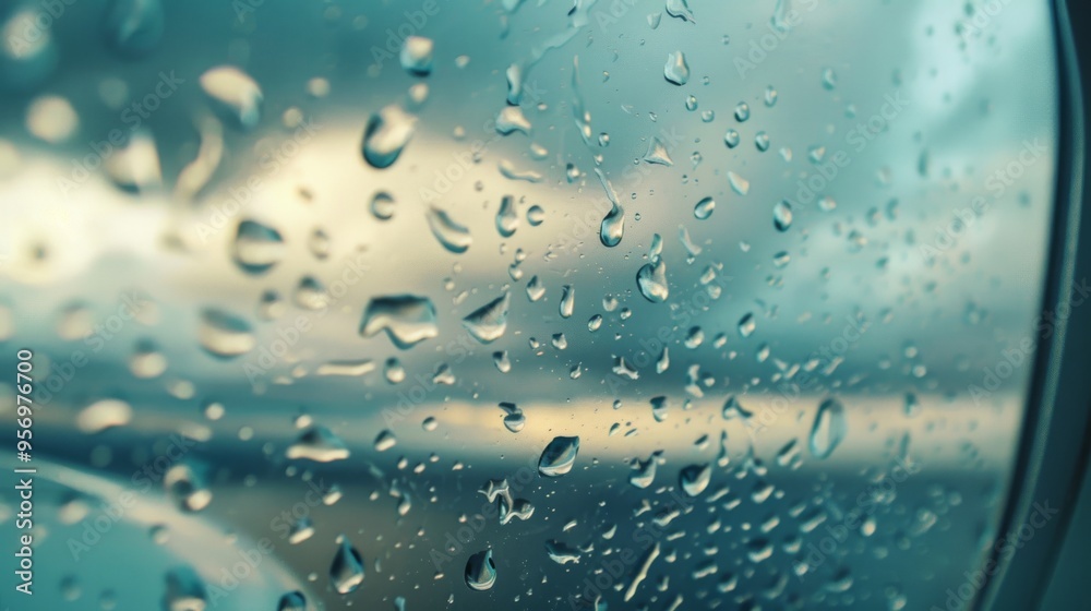 Raindrops on a window revealing a distant landscape, illuminated in a serene, muted palette, capturing the essence of a rainy day. Raindrops on a window revealing a distant landscape, illuminated in a serene, muted palette, capturing the essence of a rainy day.