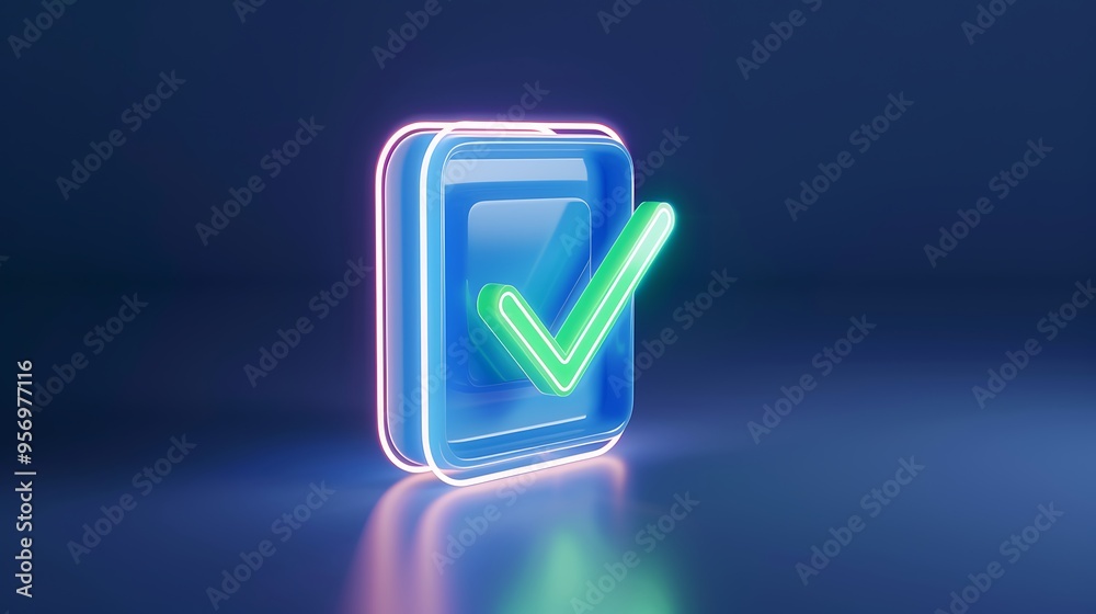 Neon check mark on smartphone screen icon in dark background. Futuristic verification and approval concept. Neon check mark on smartphone screen icon in dark background. Futuristic verification and approval concept.