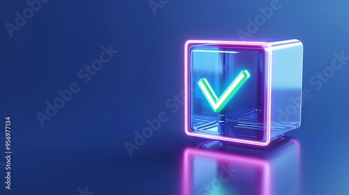 Neon checkbox icon in a 3D glass cube with a colorful glow on a blue background. Modern technology concept illustration, glowing checkmark symbol.