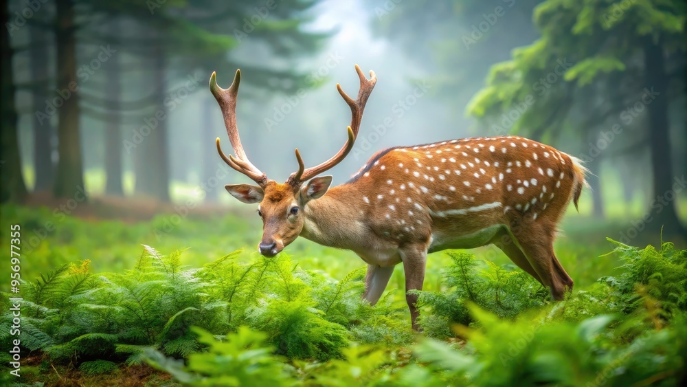 Majestic sika deer with white-spotted brown coat and delicate features grazes peacefully in a serene, misty forest landscape with lush green foliage. Majestic sika deer with white-spotted brown coat and delicate features grazes peacefully in a serene, misty forest landscape with lush green foliage.