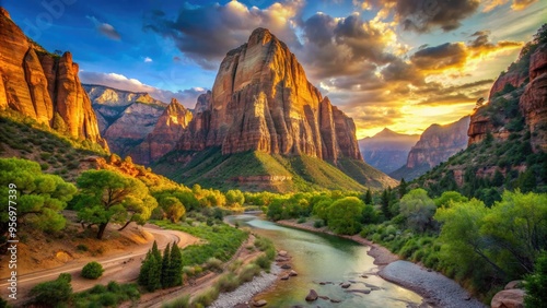 Majestic sandstone monolith Angel's Landing towers above the Virgin River, its unique rock formation and lush greenery bathed in warm golden light at sunrise.