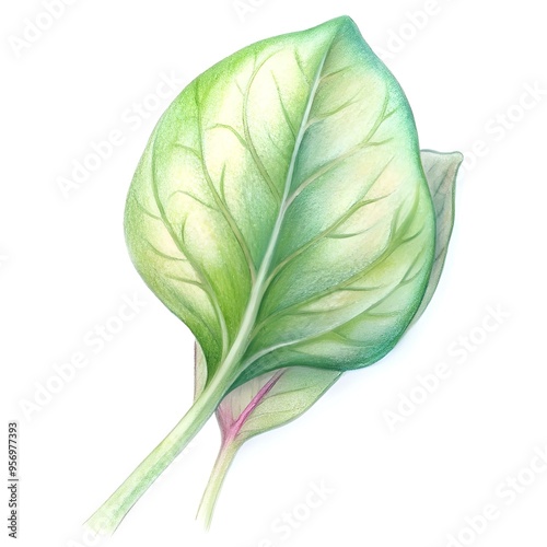 A detailed pencil drawing of a Malabar spinach leaf. showcasing its vibrant green color and intricate vein structure. photo