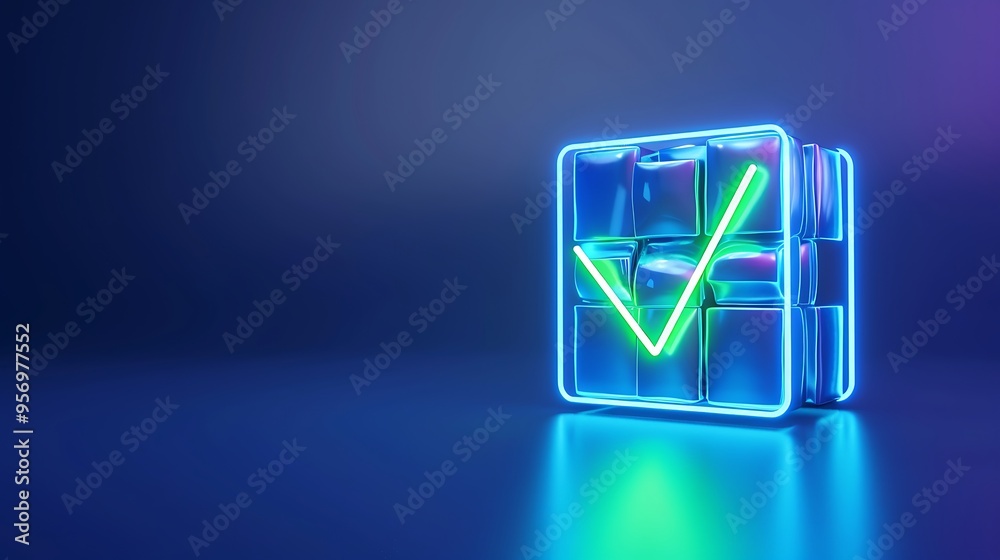 Neon checkmark in a glass block glowing on a modern dark blue background, symbolizing completion, approval, and success. Neon checkmark in a glass block glowing on a modern dark blue background, symbolizing completion, approval, and success.