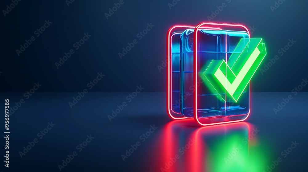 Neon checkmark in front of two mobile phones on a dark background, symbolizing approval and validation in technology. Neon checkmark in front of two mobile phones on a dark background, symbolizing approval and validation in technology.