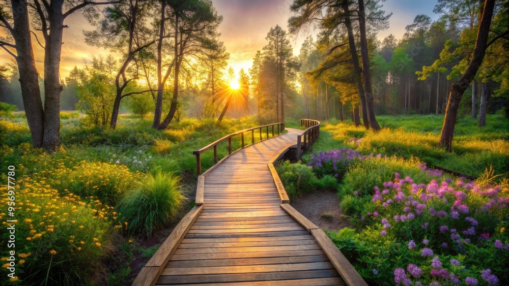 A serene wooden boardwalk meanders through a tranquil forest, surrounded by lush greenery and vibrant wildflowers, in a protected nature reserve at dawn. A serene wooden boardwalk meanders through a tranquil forest, surrounded by lush greenery and vibrant wildflowers, in a protected nature reserve at dawn.