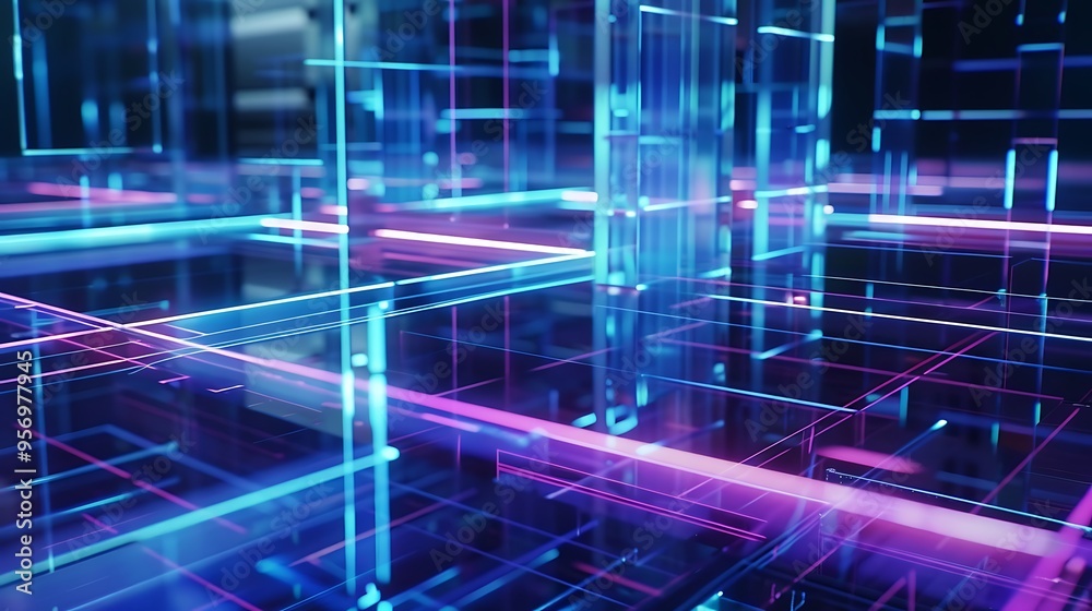 A high-tech atmosphere is created by a futuristic holographic grid with vivid blue and purple lines projected over a smooth, glassy surface. A high-tech atmosphere is created by a futuristic holographic grid with vivid blue and purple lines projected over a smooth, glassy surface.