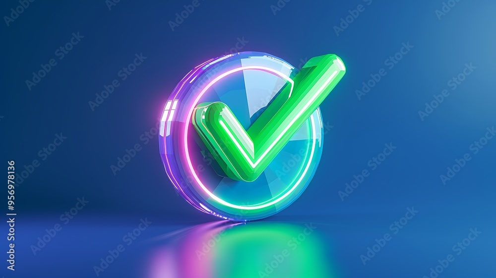 Neon green check mark in circle on blue background, symbolizing approval, success, and validation, glowing in vibrant colors. Neon green check mark in circle on blue background, symbolizing approval, success, and validation, glowing in vibrant colors.