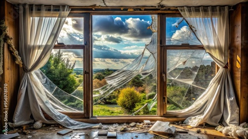 A shattered window with broken glass and torn curtains blown inward, surrounded by debris, highlights the devastating aftermath of a powerful hurricane's destructive force. photo