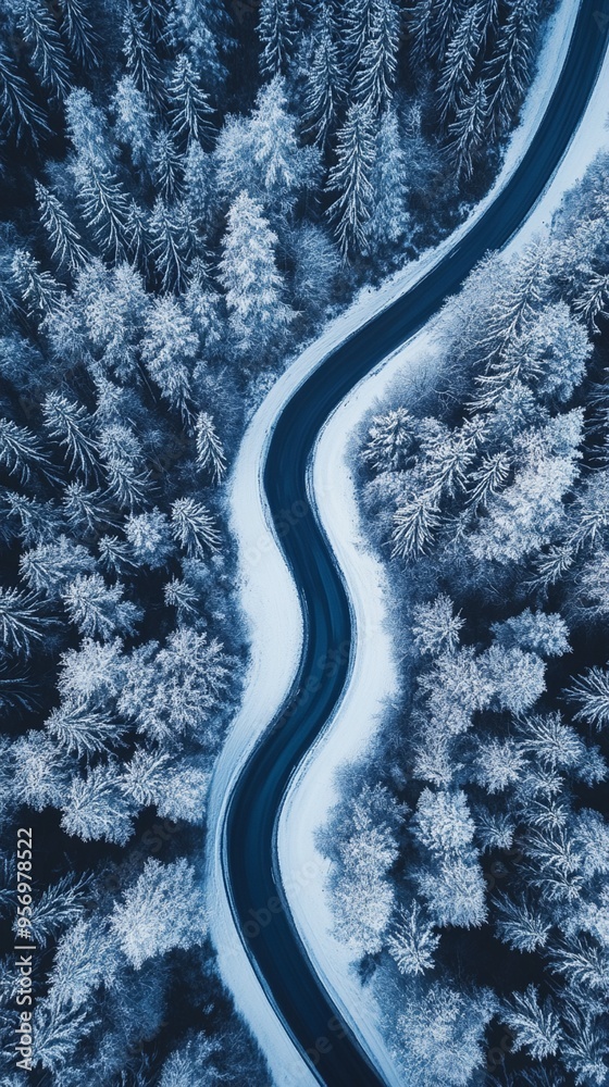Aerial view of a winding road cutting through a snow-covered pine forest, creating a striking contrast between the dark asphalt and white winter landscape. Aerial view of a winding road cutting through a snow-covered pine forest, creating a striking contrast between the dark asphalt and white winter landscape.