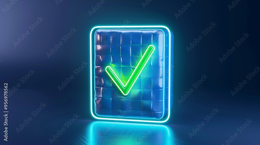 Neon green checkmark in a glowing blue frame, symbolizing validation and approval on dark background. Futuristic digital confirmation icon. Neon green checkmark in a glowing blue frame, symbolizing validation and approval on dark background. Futuristic digital confirmation icon.