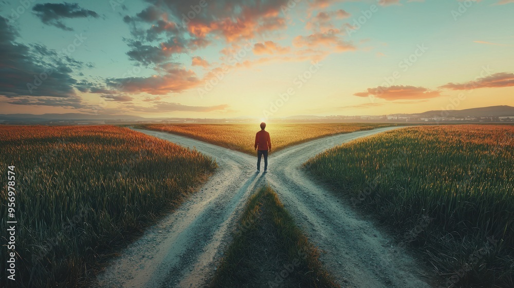 A person standing at a crossroads, choosing a new path in life, symbolizing transformation and self-reinvention A person standing at a crossroads, choosing a new path in life, symbolizing transformation and self-reinvention