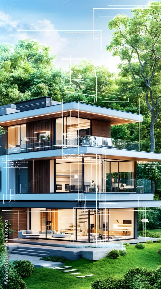 Modern Home Design with Blue and Wood Accents. Modern Home Design with Blue and Wood Accents.