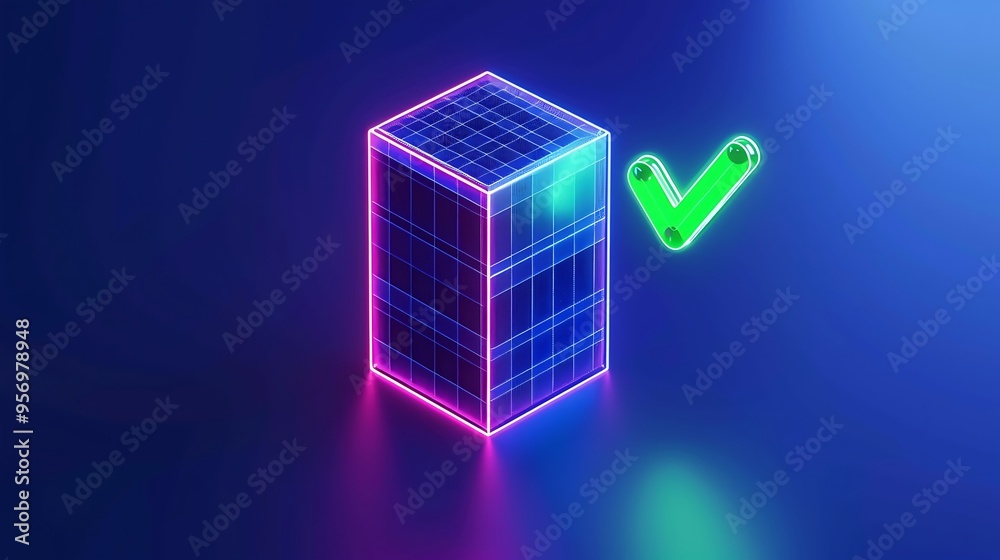 Neon-colored 3D grid structure with a green checkmark, symbolizing approval in a modern digital setting, against a dark blue gradient background. Neon-colored 3D grid structure with a green checkmark, symbolizing approval in a modern digital setting, against a dark blue gradient background.