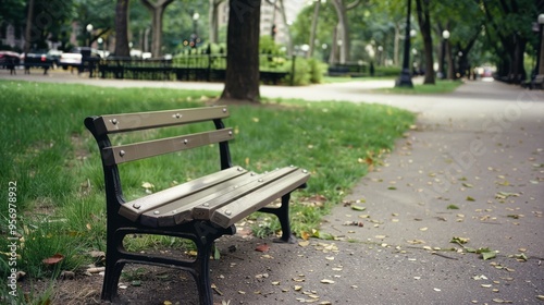 A wooden park bench beside a winding park path, with lush green grass and shaded by tall trees, creating a perfect spot for relaxation on a sunny day.