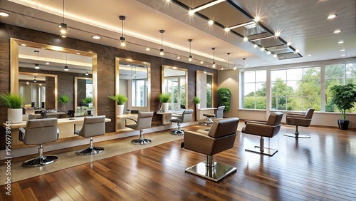 A sleek, modern hair salon with empty chairs, polished floors, and stylish decor, awaiting clients in a serene and upscale atmosphere. photo