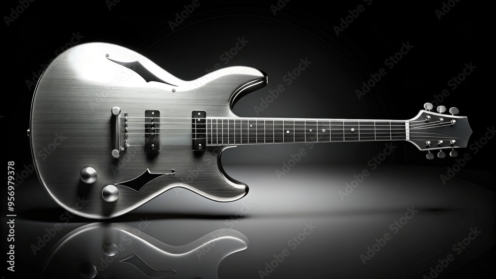 Obraz premium A sleek, silver guitar silhouette serves as a stylized icon, symbolizing music, creativity, and artistic expression, set against a clean, black background.