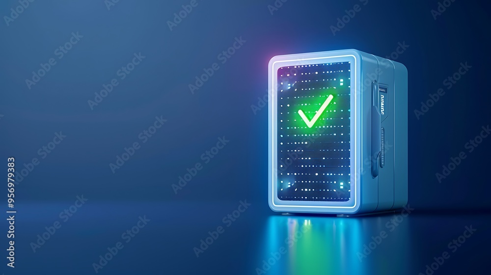 Secure server with a glowing green check mark, representing data safety, protection, and modern technology in a digital environment. Secure server with a glowing green check mark, representing data safety, protection, and modern technology in a digital environment.