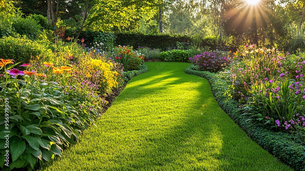 Obraz premium A lush green lawn with a winding pathway through a flower garden with colorful blooms in the morning sunlight.