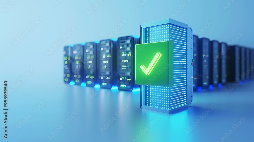 Server rack illuminated with blue lights, featuring a green checkmark icon on one server, indicating successful operation and security. Server rack illuminated with blue lights, featuring a green checkmark icon on one server, indicating successful operation and security.