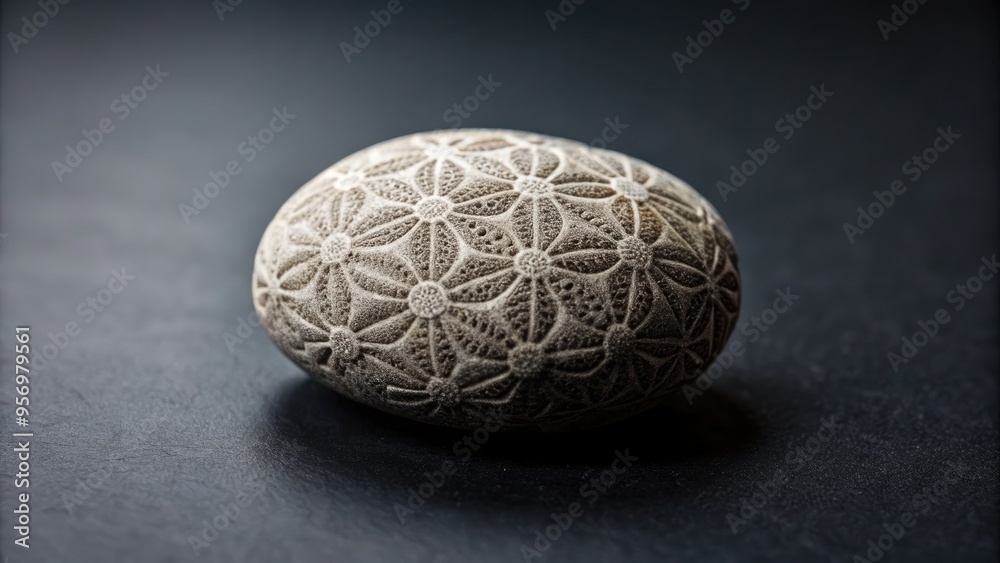A small, smooth, grey pebble with intricate textures and patterns sits isolated on a contrasting dark background, showcasing its natural geological beauty. A small, smooth, grey pebble with intricate textures and patterns sits isolated on a contrasting dark background, showcasing its natural geological beauty.