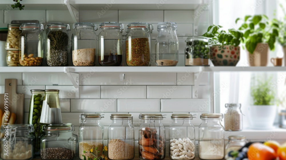 An assortment of neatly arranged glass jars containing various pantry items on white shelves in a well-lit kitchen, surrounded by potted plants. An assortment of neatly arranged glass jars containing various pantry items on white shelves in a well-lit kitchen, surrounded by potted plants.