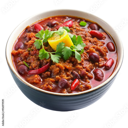 A serving of venison chili isolated on transparent background.