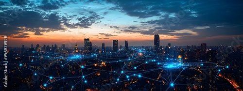 Digital cityscape with interconnected networks and digital elements, representing the integration of smart urban technology in an evening setting