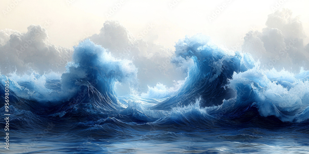 Fototapeta premium A dramatic seascape with two large waves crashing against the stormy sky.