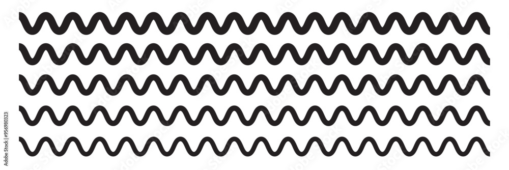 Wave line and wavy zigzag pattern lines. Vector black underlines, smooth end squiggly horizontal curvy squiggles on white background. Wave line and wavy zigzag pattern lines. Vector black underlines, smooth end squiggly horizontal curvy squiggles on white background.