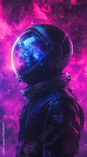  Astronaut, wearing a black suit, surreal space landscape photo