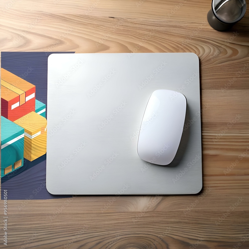 A modern workspace with a minimalist white mouse on a sleek metal mousepad. A modern workspace with a minimalist white mouse on a sleek metal mousepad.