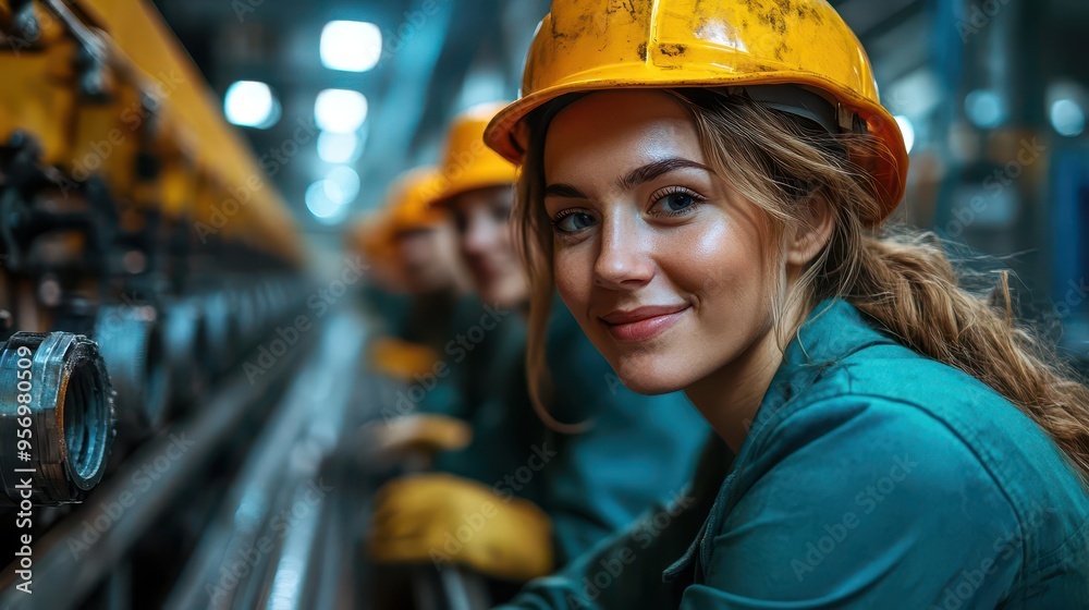 diverse factory workers sharing lighthearted moment leaning on sleek production line machinery warm industrial lighting highlighting genuine smiles and camaraderie
