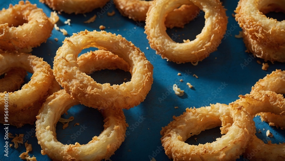 Golden Battered Onion Rings Deep-Fried on Blue Background Golden Battered Onion Rings Deep-Fried on Blue Background