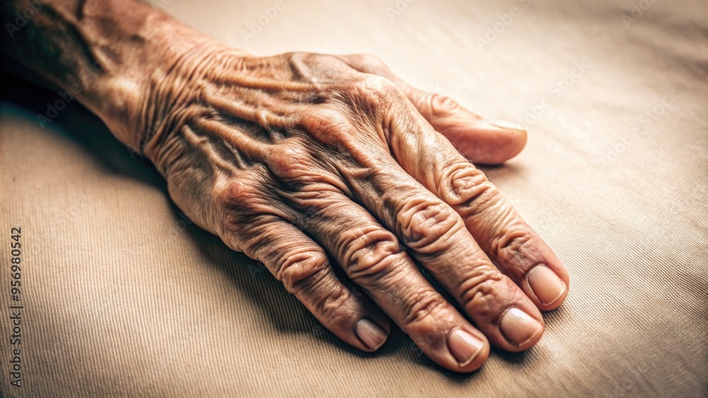 Fototapeta premium A solitary human hand, fingers slightly curled, with visible veins and wrinkles, rests on a blurred neutral-colored background, conveying a sense of intimacy and vulnerability.