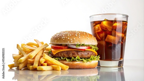 A solitary, high-calorie, processed burger, crispy fries, and sugary soda, arranged artfully on a plain white background, epitomizing unhealthy eating habits and indulgence. photo