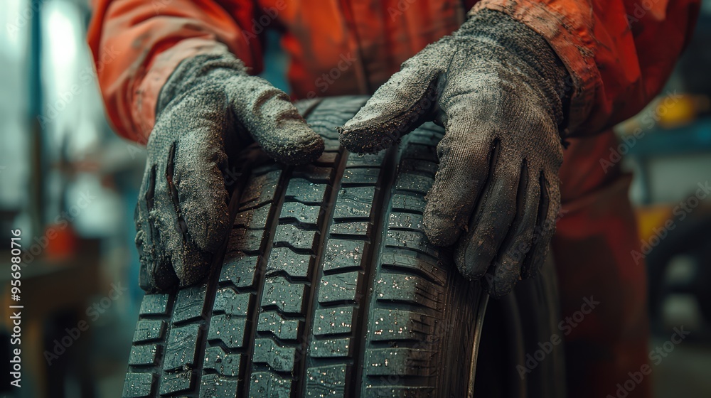 Tire with rugged tread detail and wet surface, with a blurred background emphasizing its texture, concept of automotive maintenance