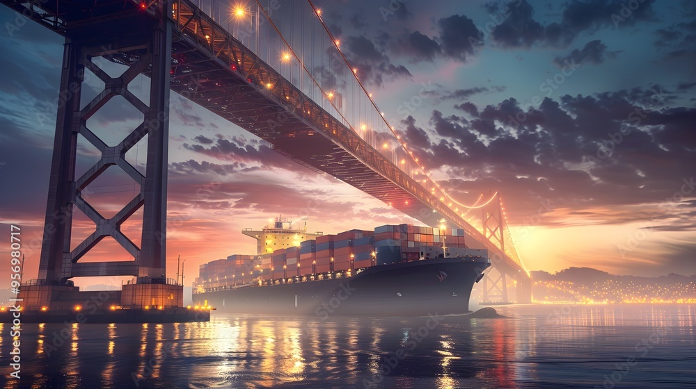 Obraz premium A large container ship sails under a brightly lit bridge at sunset, with reflections on the calm water and a dramatic sky overhead.