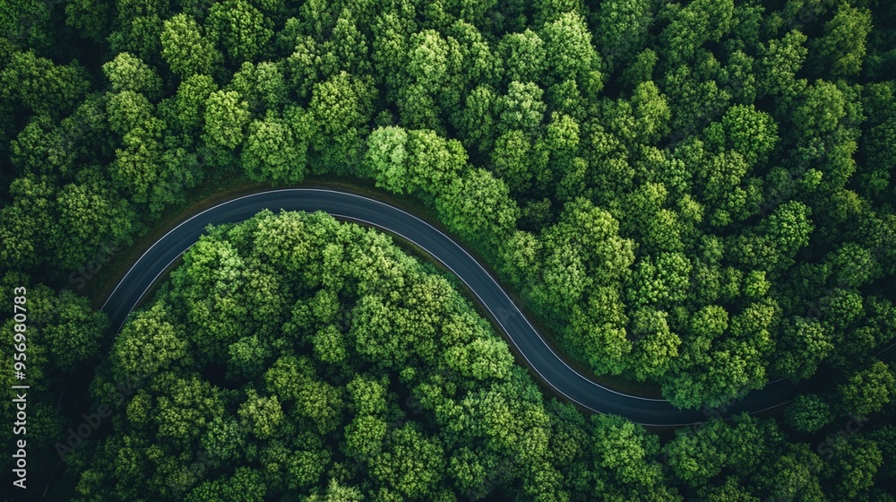 Aerial view of a winding road cutting through lush green forest, showcasing the contrast between nature and human infrastructure in a stunning landscape. Aerial view of a winding road cutting through lush green forest, showcasing the contrast between nature and human infrastructure in a stunning landscape.
