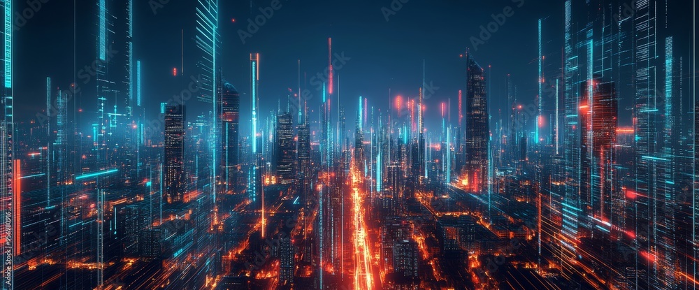 Futuristic cityscape with glowing lines and data points, representing digital innovation in urban design. Skyline view at night, with vibrant colors in a wide-angle shot. Futuristic cityscape with glowing lines and data points, representing digital innovation in urban design. Skyline view at night, with vibrant colors in a wide-angle shot.