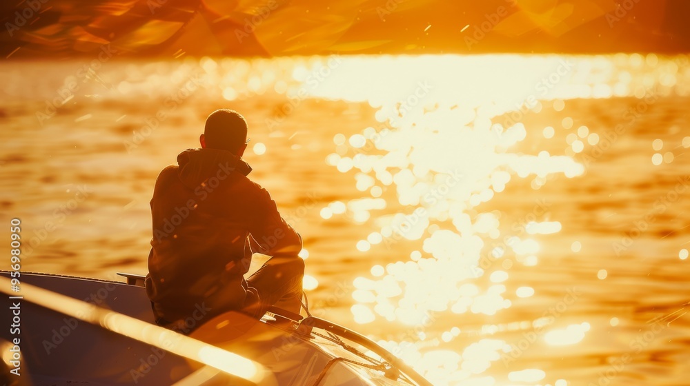 Φωτογραφία A peaceful moment captured at sunset as a person sits on a boat, gazing at the shimmering water and golden sky, absorbed in tranquility and reflection