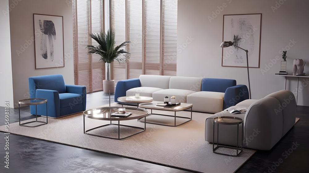 Fototapeta premium A modern living room with a blue armchair and coffee tables. The room has a minimalist design with white walls, a beige rug and a few pieces of furniture.
