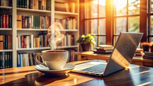 A steaming cup of freshly brewed coffee sits next to a laptop and scattered notes, surrounded by bookshelves and a cozy, sunlit morning atmosphere.