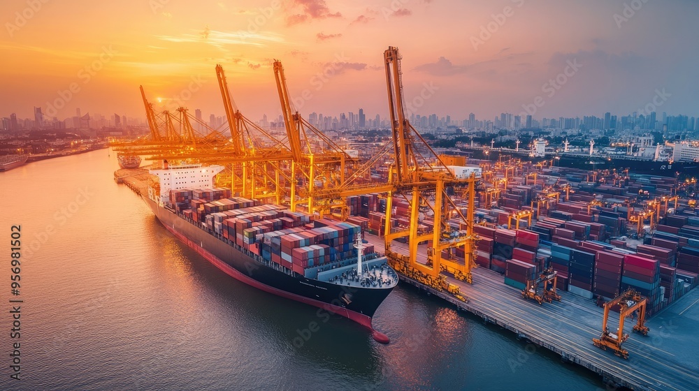 Wide-angle shot of an industrial port at dusk, with a container ship docked and cranes loading cargo. The fading light adds a dramatic effect to the port scene. - Wide-angle shot of an industrial port at dusk, with a container ship docked and cranes loading cargo. The fading light adds a dramatic effect to the port scene. -