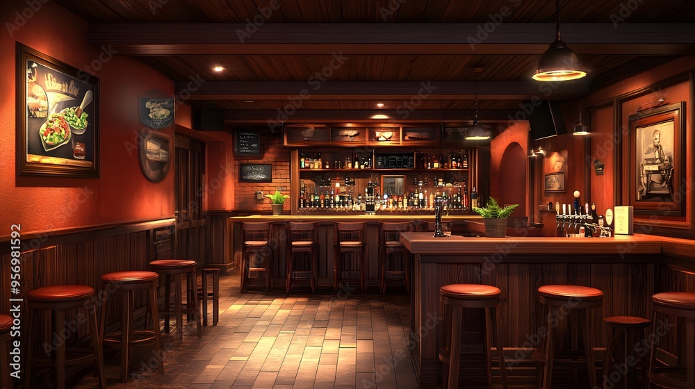 A pub setting with warm wood tones and 3D-rendered locally brewed craft beers paired with gourmet salads A pub setting with warm wood tones and 3D-rendered locally brewed craft beers paired with gourmet salads